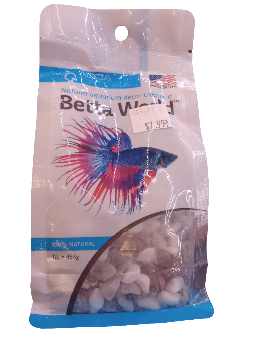 A package of Tutti Fruitti Gravel from Pisces, labeled as Betta World, contains 1 pound (454 grams) of white stones. The front features a vibrant illustration of a betta fish. Priced at $7.99 and made in the USA.