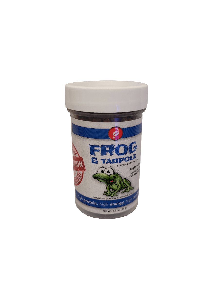 A container labeled Pisces - Frog & Tadpole Pellets, featuring an illustration of a frog. It is designed to resemble a food product for frogs and tadpoles, complete with a white lid and blue label.