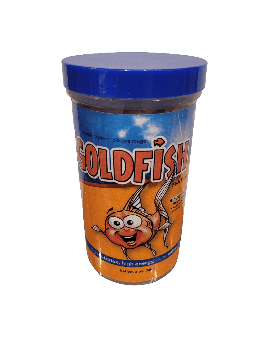 A Pisces Goldfish Flakes container with a blue lid has an orange and blue label featuring a smiling cartoon fish. The label highlights high nutrition, high energy, color enhancer, and the net weight of 2oz.