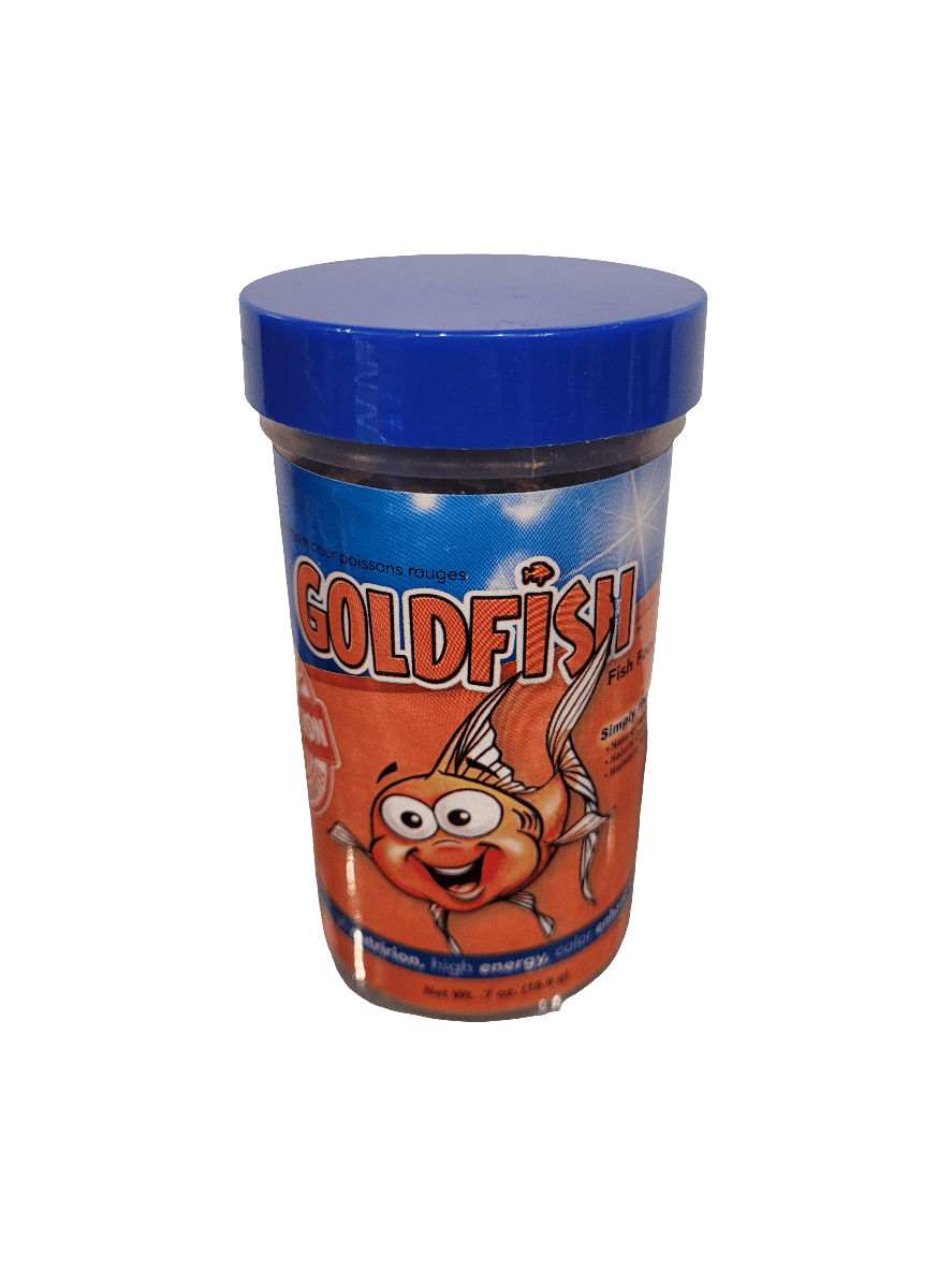 A container labeled "Pisces - Goldfish Pellet - .7oz" with a blue lid and an illustration of a cartoon fish. The orange container is designed to emphasize that the product is fish food specifically for goldfish.