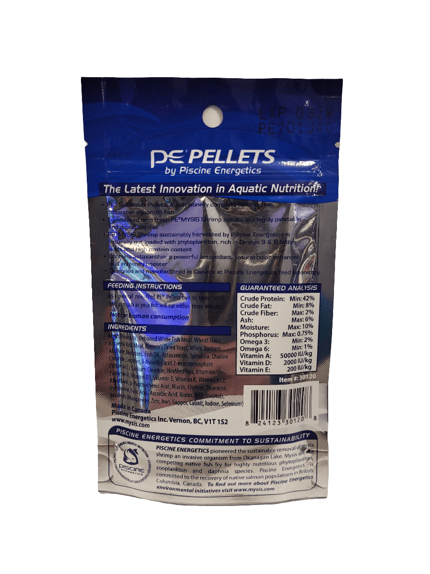 The image showcases the blue and silver back view of a packet labeled "Piscine Energetics - PE Pellets - 1mm - 2oz," featuring information on nutrition, ingredients, feeding instructions, and a commitment to sustainability.