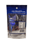 The image showcases the blue and silver back view of a packet labeled "Piscine Energetics - PE Pellets - 1mm - 2oz," featuring information on nutrition, ingredients, feeding instructions, and a commitment to sustainability.