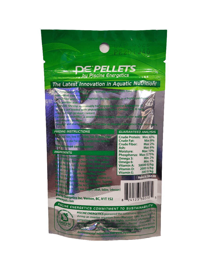 A package of Piscine Energetics - PE Pellets - 1mm - 2oz, featuring a green and silver design, includes detailed information on feeding instructions, ingredients, and guaranteed analysis for aquatic nutrition. At the bottom, a section emphasizes their dedication to sustainability.