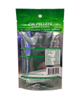 A package of Piscine Energetics - PE Pellets - 1mm - 2oz, featuring a green and silver design, includes detailed information on feeding instructions, ingredients, and guaranteed analysis for aquatic nutrition. At the bottom, a section emphasizes their dedication to sustainability.