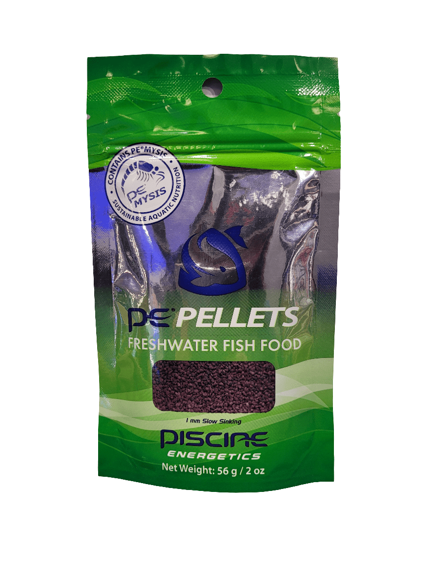 A package of Piscine Energetics - PE Pellets, 1mm size and weighing 2oz (56g), suitable for freshwater fish food.