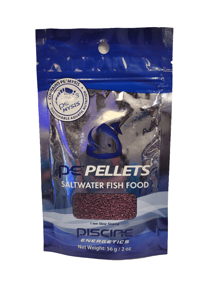 Packaging features a graphic of fish and highlights that it includes PE-MYSIS. Ideal for sustainable aquaculture, Piscine Energetics - PE Pellets offer a blue package of 56g (2oz) with 1mm slow-sinking pellets specifically designed for saltwater fish food.