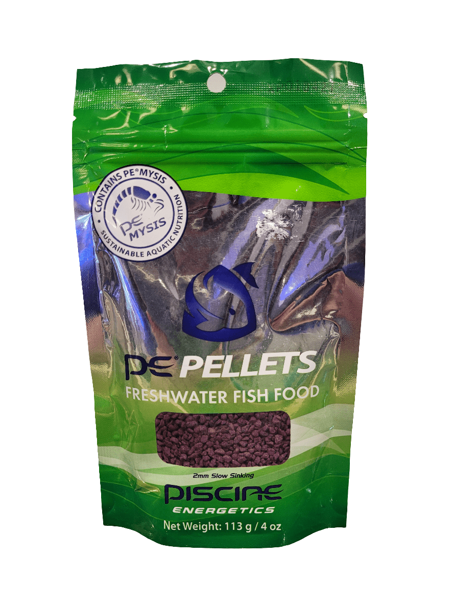 A green and silver package of Piscine Energetics - PE Pellets - 2mm - 4oz freshwater fish food, containing 113g of slow-sinking pellets with PE-MYSIS and sustainable aquaculture ingredients.