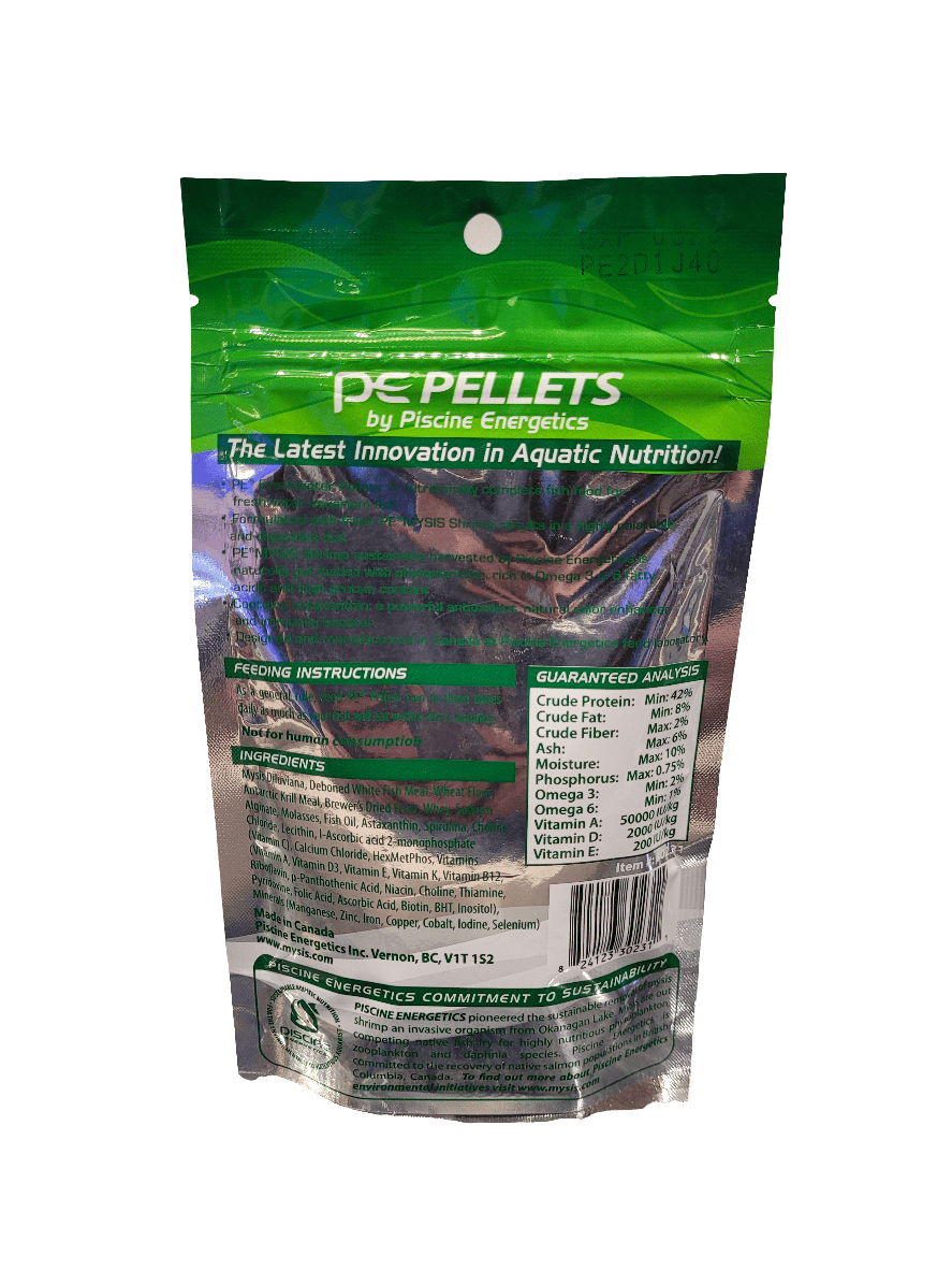 A 4oz package of 2mm PE Pellets from Piscine Energetics, complete with feeding instructions and nutritional information, presented in green packaging that highlights advancements in aquatic nutrition.