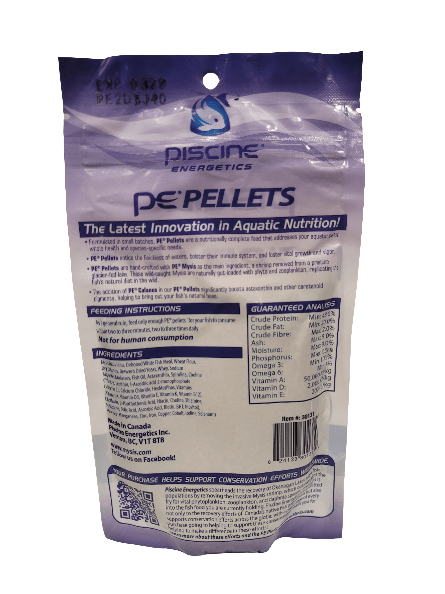 A package of Piscine Energetics PE Pellets, 2mm in size and weighing 4oz, features feeding instructions, a nutritional analysis, and a list of ingredients in purple and white packaging. It highlights the brand's dedication to innovation in aquatic nutrition and conservation efforts for fish diets.