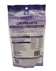 A package of Piscine Energetics PE Pellets, 2mm in size and weighing 4oz, features feeding instructions, a nutritional analysis, and a list of ingredients in purple and white packaging. It highlights the brand's dedication to innovation in aquatic nutrition and conservation efforts for fish diets.