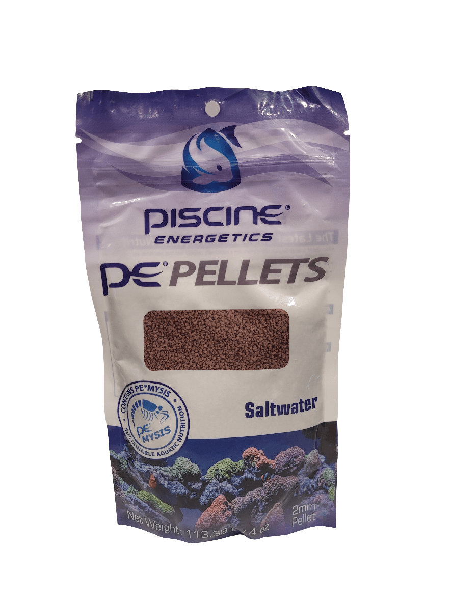 A bag of Piscine Energetics - PE Pellets, featuring a prominent blue fish logo and an illustration of vibrant coral, displays the 2mm pellet size on its packaging and is labeled with a weight of 4 oz.