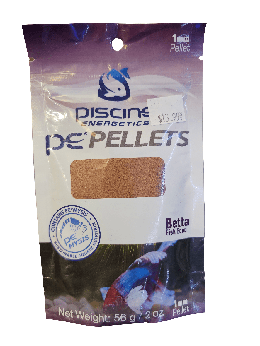 Package of Piscine Energetics PE Pellets Betta Food. The label shows a colorful betta fish and a 1 mm pellet size. Net weight is 56 g (2 oz), priced at $13.99.