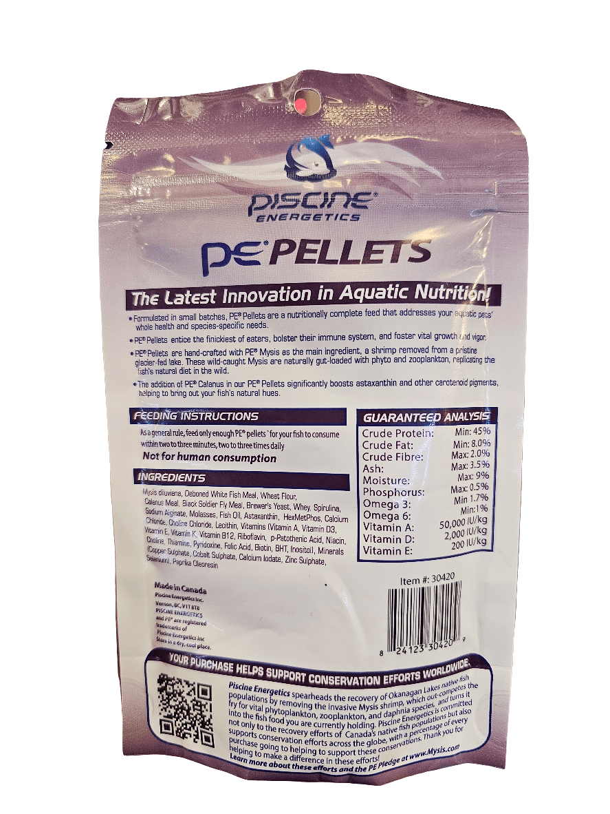 A package of Piscine Energetics - PE Pellets Betta Food, 56g, features text highlighting aquatic nutrition benefits, feeding instructions, and guaranteed analysis. The packaging is purple and white, showcasing the Piscine Energetics logo at the top.