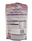 A package of Piscine Energetics - PE Pellets Betta Food, 56g, features text highlighting aquatic nutrition benefits, feeding instructions, and guaranteed analysis. The packaging is purple and white, showcasing the Piscine Energetics logo at the top.