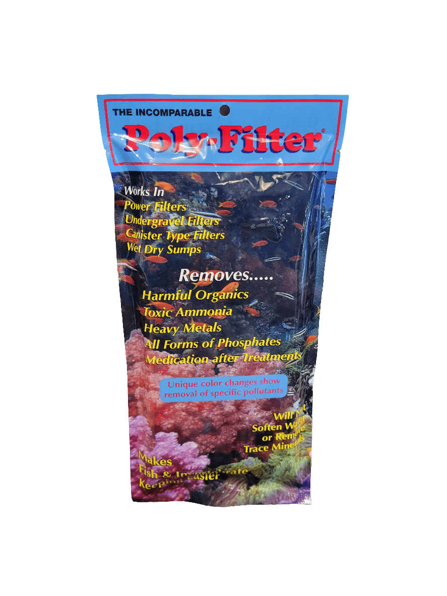 A package of Poly Filter 4"× 8" for aquarium water filtration is displayed, highlighting its capabilities in removing harmful organics, ammonia, heavy metals, and phosphates. The background showcases colorful fish and coral.