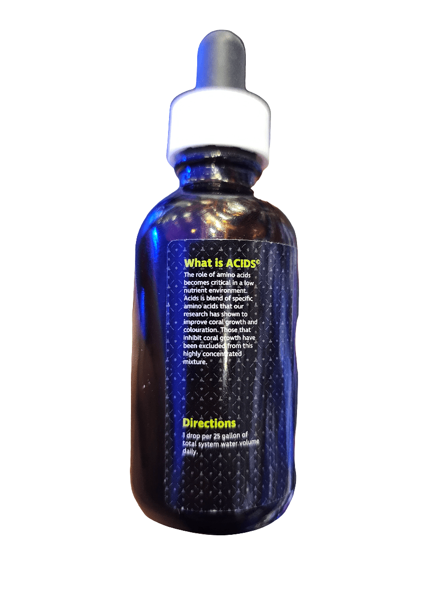 A dark glass dropper bottle labeled with "Polyp Labs - Amino Acids - 50ml," featuring text about the role of amino acids and directions for use. The label provides information about its purpose and dosage instructions, and the bottle is equipped with a white dropper cap.