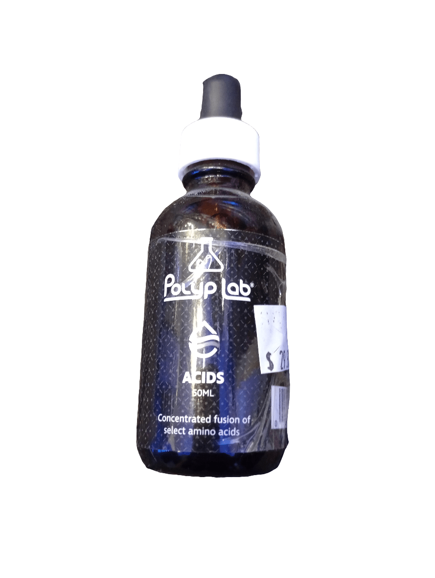 A 50ml dark glass bottle with a dropper cap and a black and white label that reads "Polyp Labs - Amino Acids." The label highlights it as a concentrated fusion of select amino acids, and it is priced at $29.99.