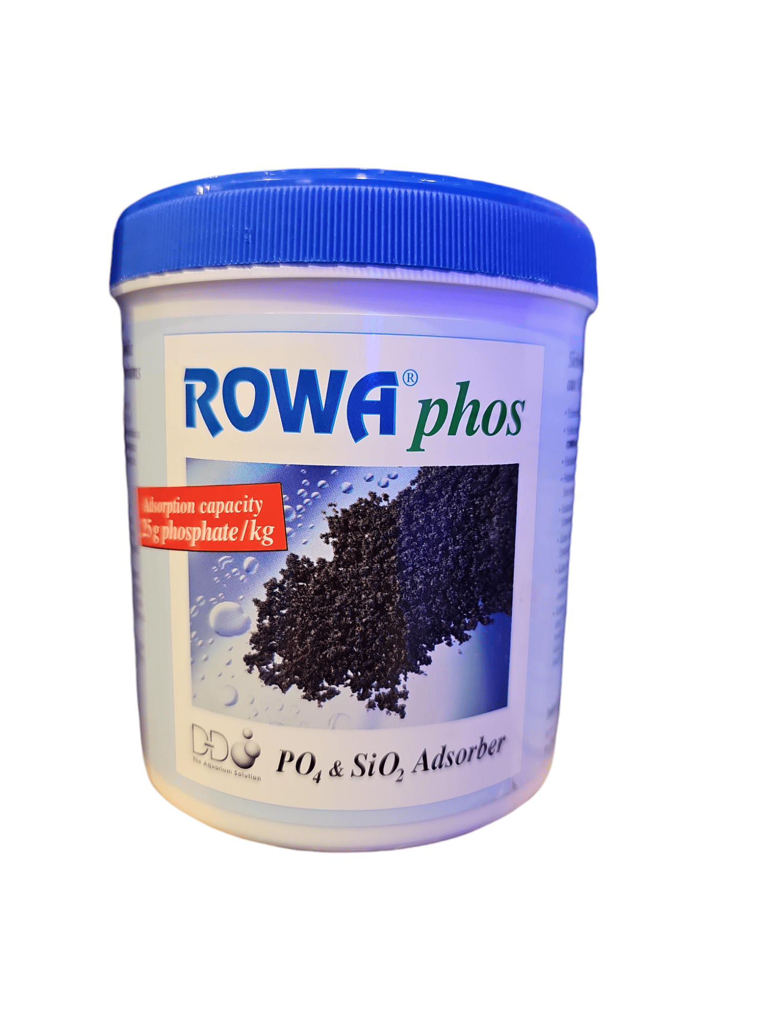 A container of ROWA phos 100g with a blue lid, featuring a label that highlights its ability to absorb up to 5g of phosphate per kg. The label includes an image of the product inside and mentions PO4 & SiO2 Adsorber.