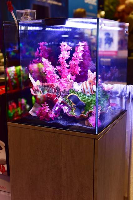 The AQUATOP Recife ECO 40 Gallon Tank &amp; Stand Combo in black features a vibrant setup with pink plants, colorful fish, and assorted decorations. Equipped with a Multi-stage Filter Box and bathed in soft blue light, it highlights the bright colors contained within.