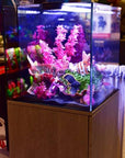 The AQUATOP Recife ECO 40 Gallon Tank & Stand Combo in black features a vibrant setup with pink plants, colorful fish, and assorted decorations. Equipped with a Multi-stage Filter Box and bathed in soft blue light, it highlights the bright colors contained within.