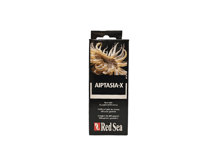 Package of Red Sea Aiptasia X, designed to eliminate aiptasia anemones in aquariums. The packaging displays an image of an aiptasia with the brand logo at the bottom.