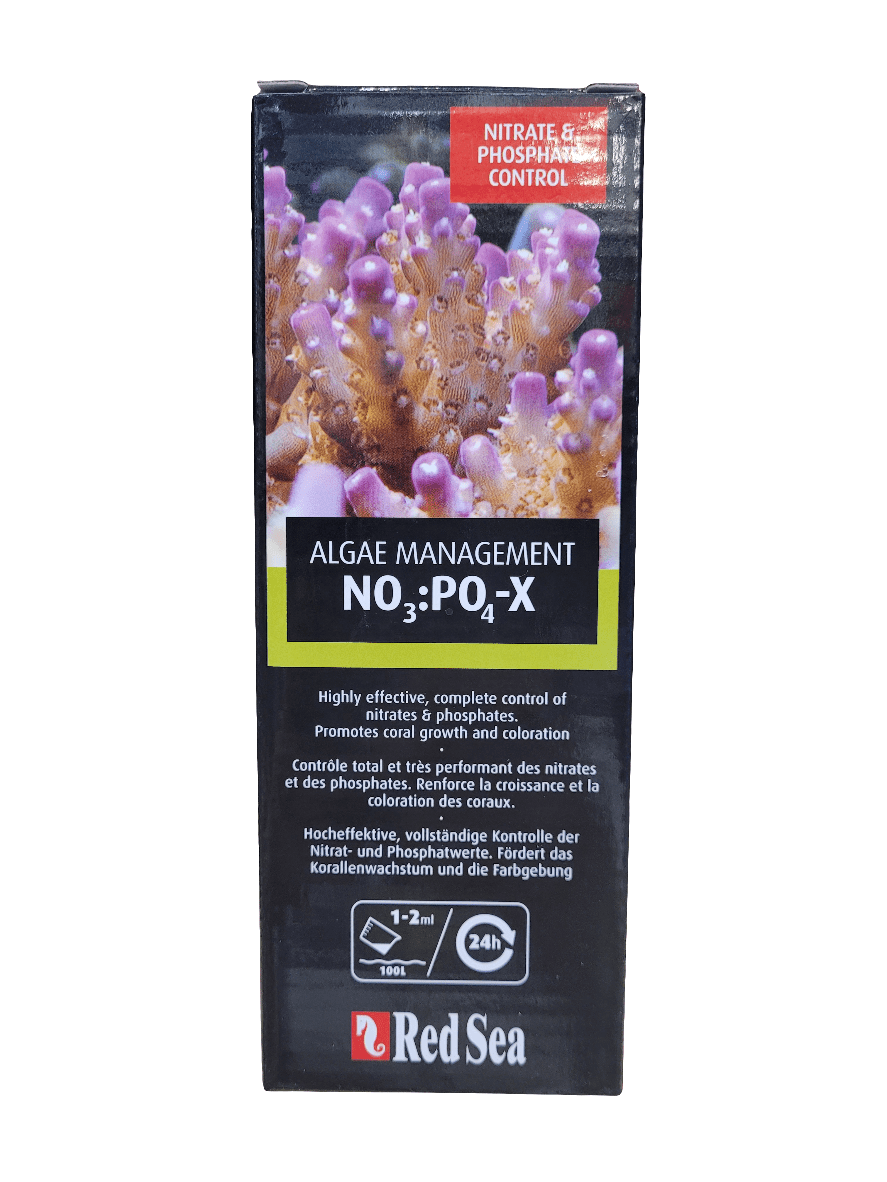 A box of Red Sea - Algae Management: NO3:PO4-X - 1L, adorned with coral imagery, emphasizing its ability to control nitrate and phosphate levels while enhancing coral growth and coloration. It also provides information on dosage and timing.