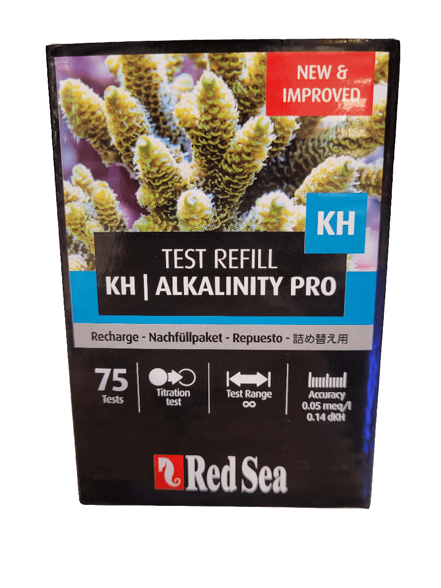 Image of the Red Sea Alkalinity Pro Test Refill box, offering New & Improved features. The package includes 75 titration tests with an unlimited test range and an accuracy of 0.05 meq/L or 0.14 dKH, accompanied by multilingual packaging.