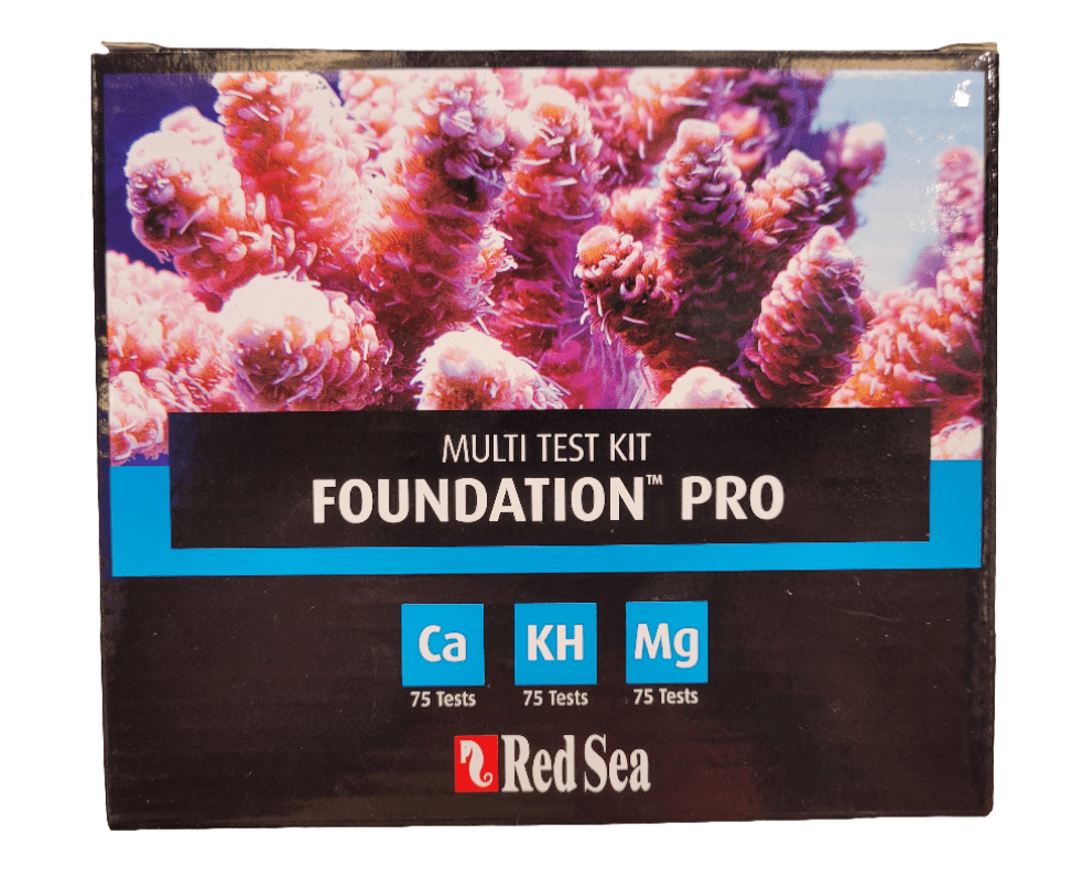 Image of a Red Sea - Foundation Pro Multi Test Kit box with coral imagery, labeled to include 75 tests for calcium (Ca), carbonate hardness (KH), and magnesium (Mg).