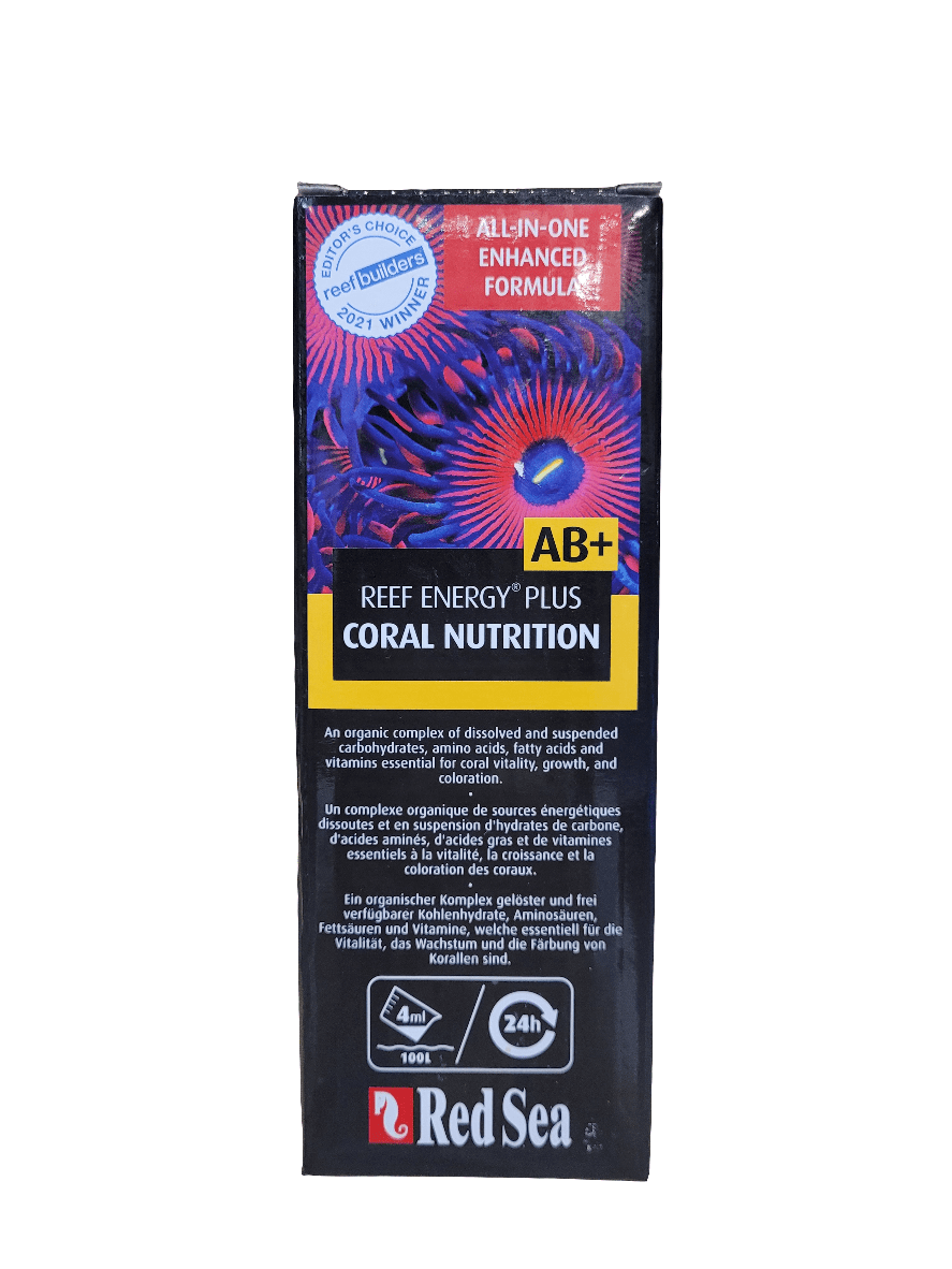 A 1-liter box of Red Sea - Reef Energy AB+ is displayed. The packaging emphasizes it as an all-in-one enhanced formula for coral nutrition, with text in English, French, and German. The background showcases a vibrant coral illustration.