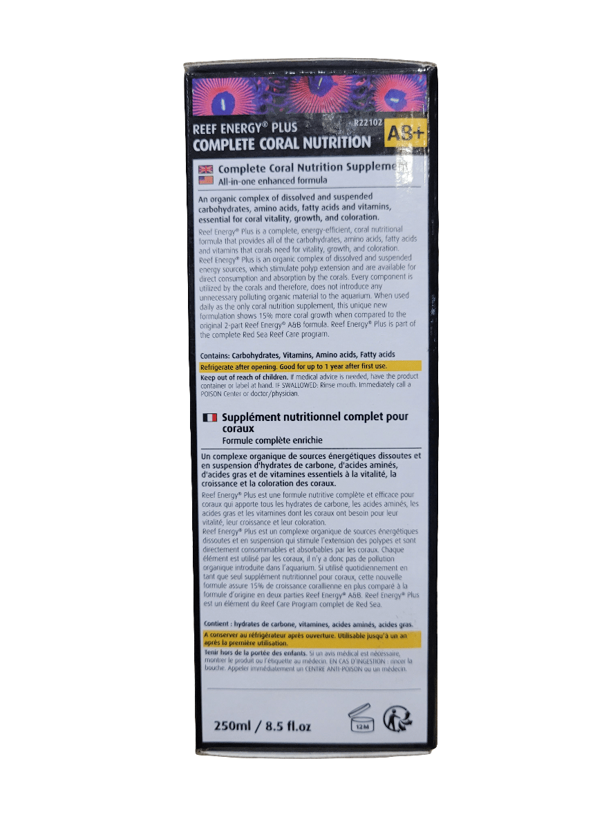 Box of Red Sea - Reef Energy AB+, a complete coral nutrition liquid supplement. It features black packaging with a white label that displays product details and instructions. Contains 250ml / 8.5 fl. oz.