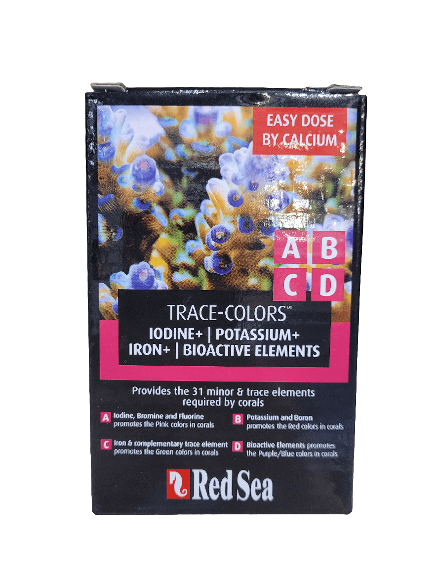 The image displays a box of Red Sea - Trace-Colors - 4×100ml, a coral supplement that includes iodine, potassium, iron, and bioactive elements. The packaging emphasizes simple dosing and the advantages of essential minerals and trace elements for enhancing coral health.