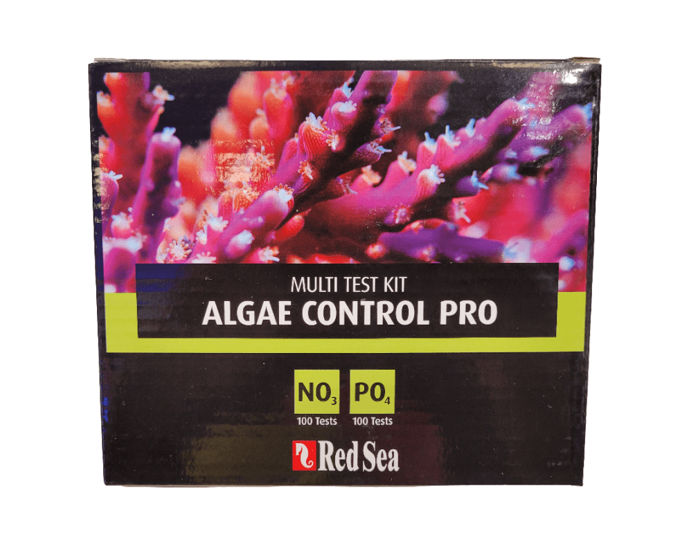 Image of a RedSea - Algae Control Pro Test Kit box. The design showcases vivid coral imagery and emphasizes the kit's ability to perform 100 tests each for NO₃ and PO₄.