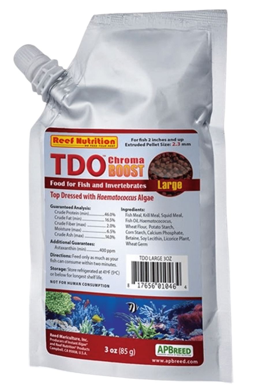 Silver pouch of Reef Nutrition T.D.O Chroma Boost LARGE 2.3mm 3oz fish food. The package includes nutritional information and ingredients, labeled for both fish and invertebrates, with added Haematococcus algae.