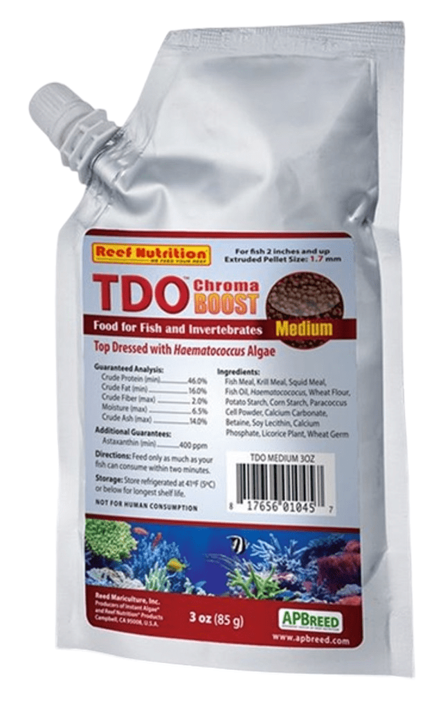 Reef Nutrition T.D.O Chroma Boost Medium 1.7mm is a silver pouch of fish and invertebrate food, containing Haematococcus algae. It includes percentages of crude protein, fat, fiber, ash, and vitamin C. The product is not for human consumption and comes in a 3 oz (85g) package.