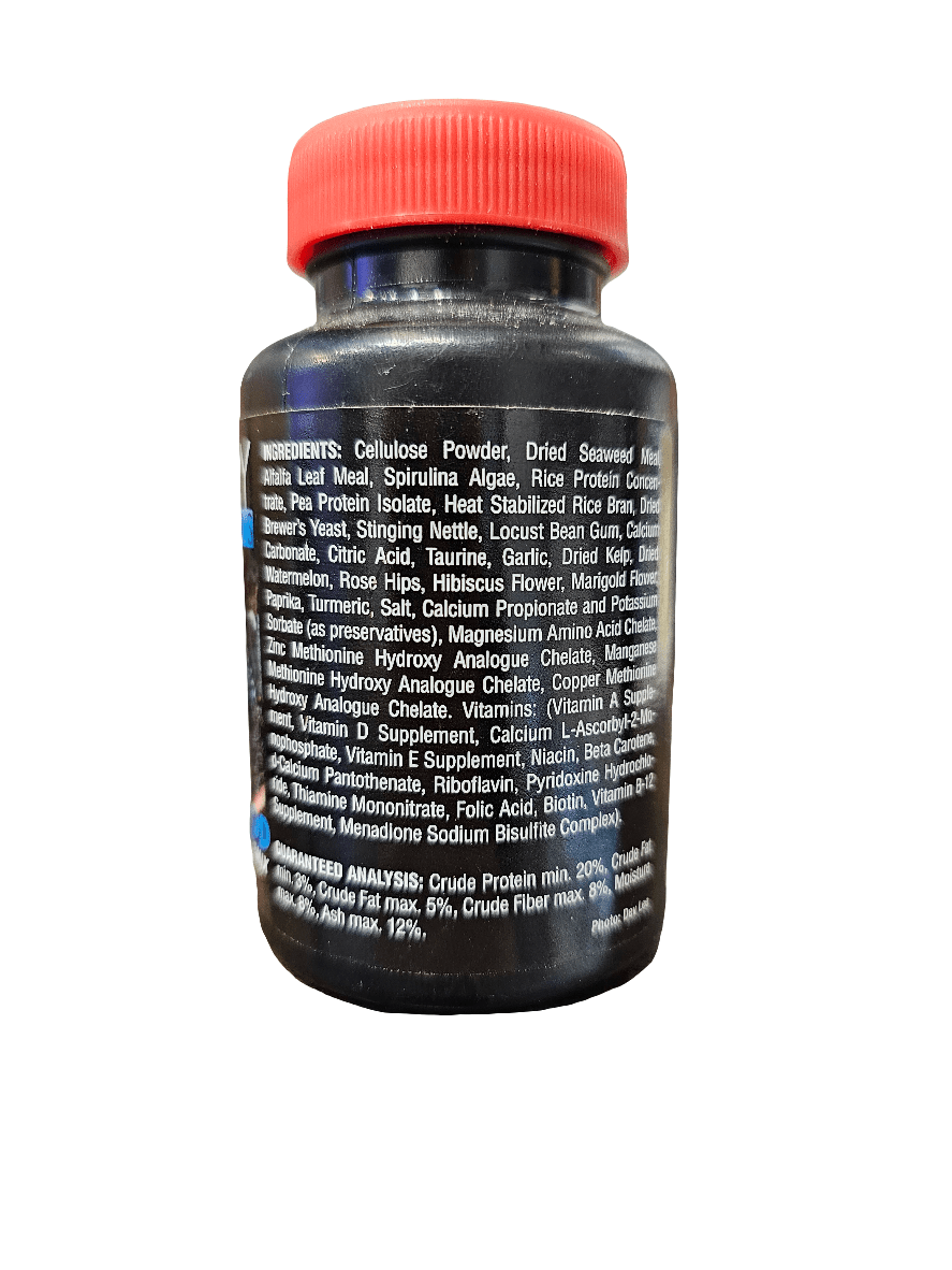 A black supplement bottle with a red cap featuring the Repashi - Morning Wood - Detritivore Insect Premix 3oz label, which showcases a detailed list of ingredients and nutritional analysis. The text highlights various vitamins, minerals, and natural extracts against a white background.