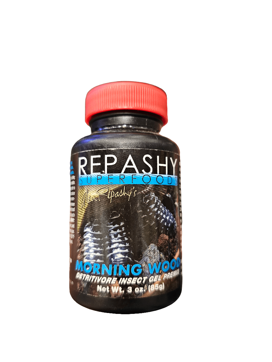 A bottle of Repashi - Morning Wood - Detritivore Insect Premix 3oz is black, includes a red cap, and displays an image of insects on its label.