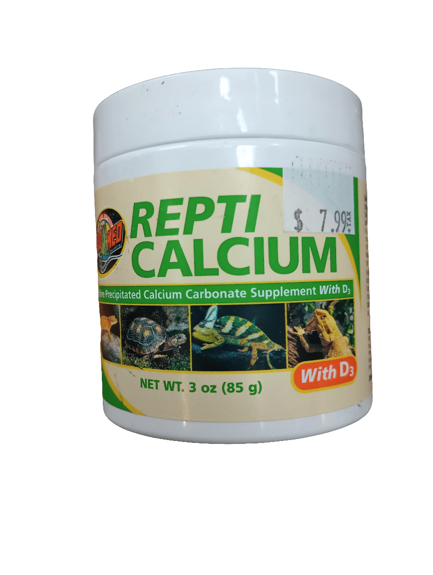 A white container of Repti Calcium with D3 is marked as a fine precipitated calcium carbonate supplement. It weighs 3 oz (85 g) and costs $7.99. The label showcases images of reptiles like turtles and lizards.