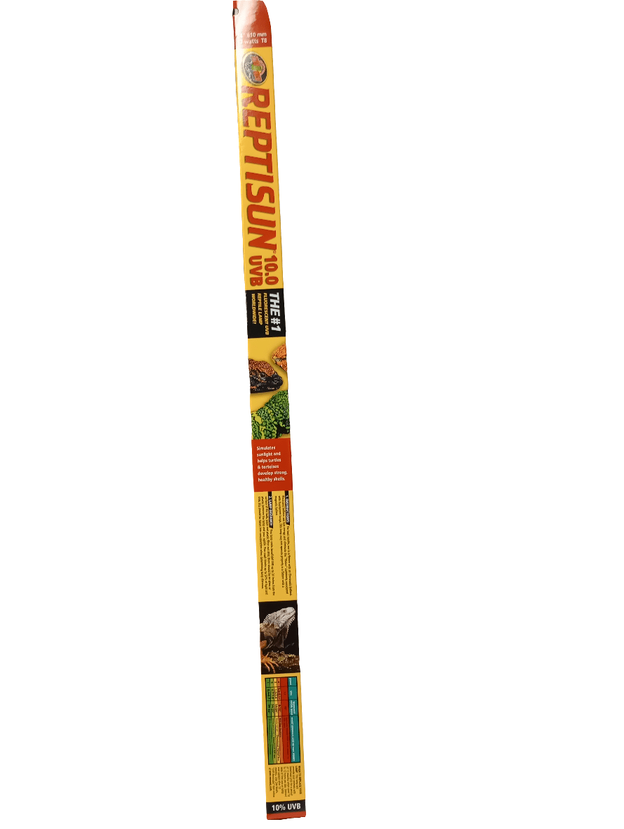 A close-up photo of the Reptisun T8 Bulb 24 Inch packaging. The packaging showcases images of reptiles, vibrant text, and details about the bulb's advantages for reptilian care. The design is bright, with prominent red and yellow highlights.