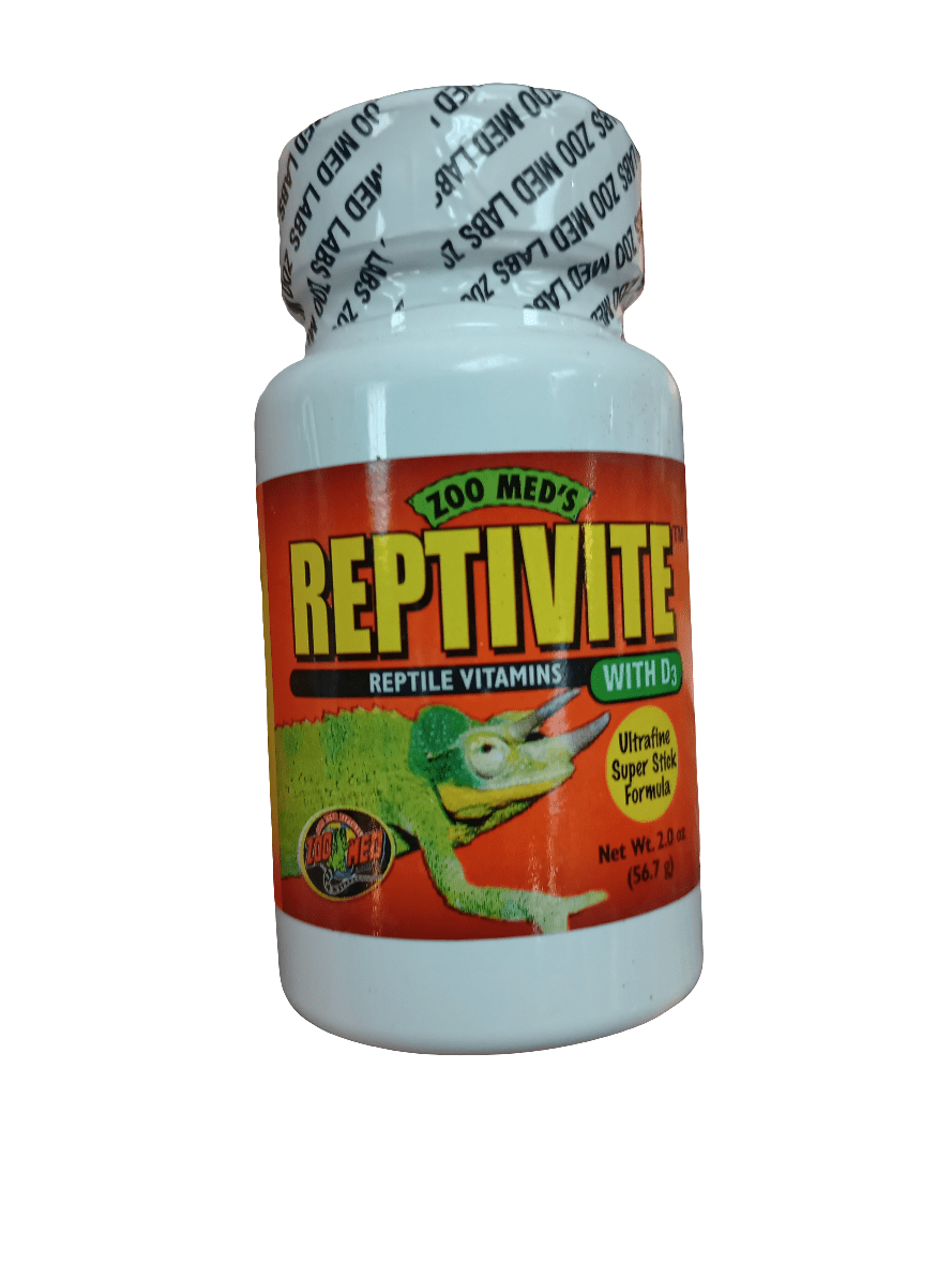 A bottle of Reptivite With D3 2oz, a reptile vitamin supplement, features a label with a colorful chameleon and text indicating the Ultrafine Super Stick Formula. The net weight is 2 oz (56.7 g).