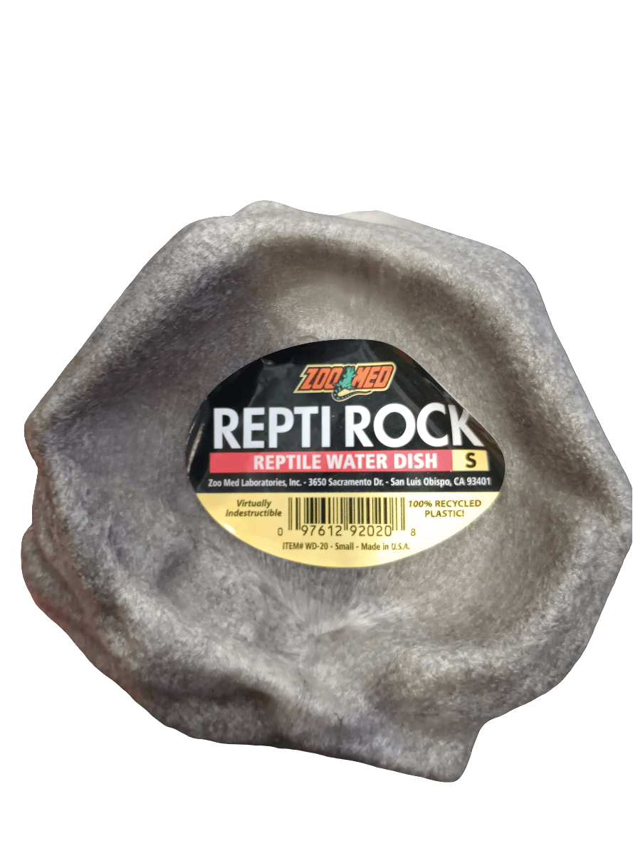 The Reptrock Small Water Dish by Zoo Med Laboratories is a gray reptile water dish made from recycled plastic, featuring an indestructible design and ideal for reptiles.