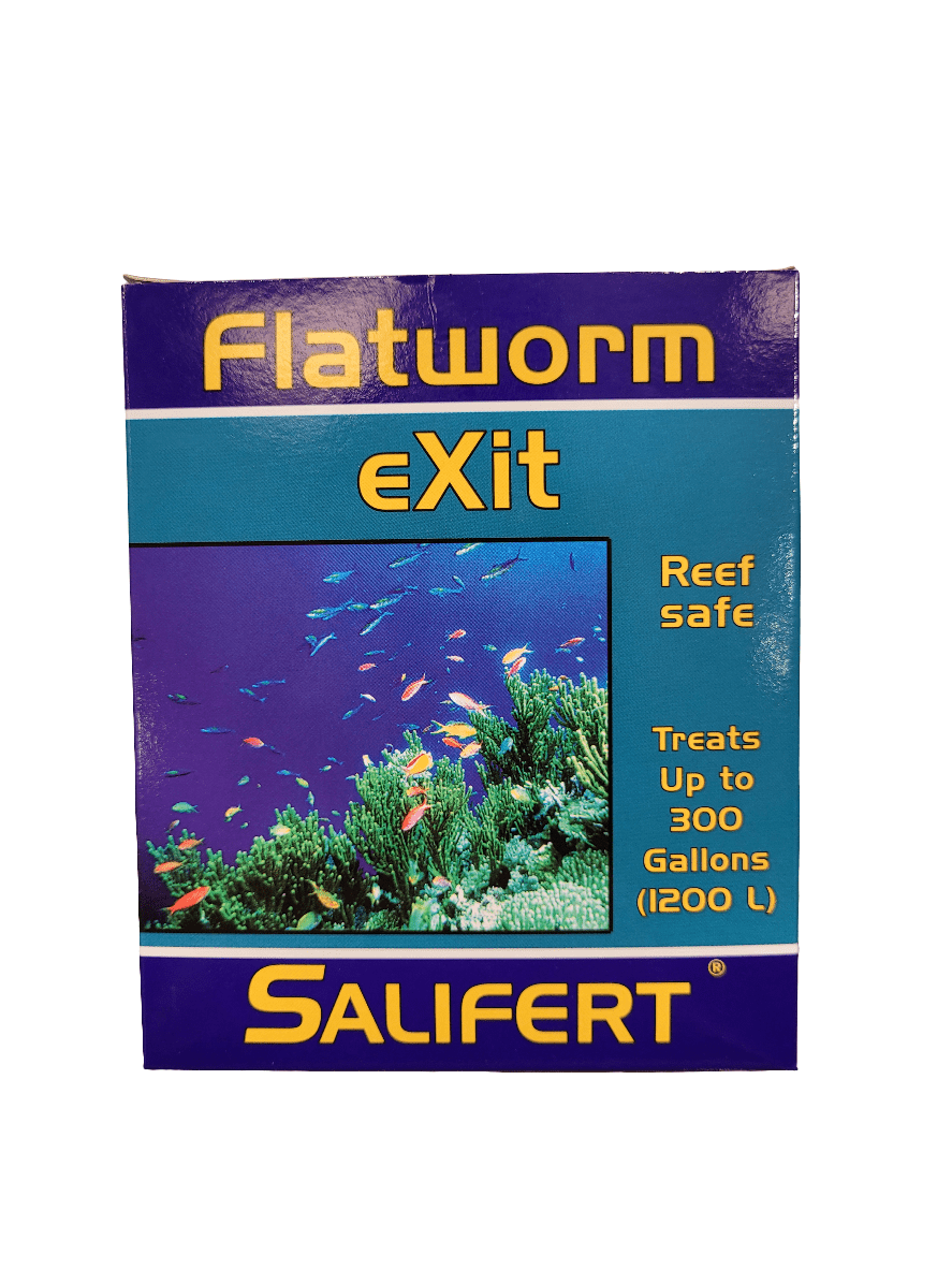 A package of Salifert - Flatworm eXit - 10ml is displayed alongside a coral reef and vibrant fish. The text reads: Reef safe, suitable for treating up to 300 gallons (1200 L). The design features purple and blue colors.