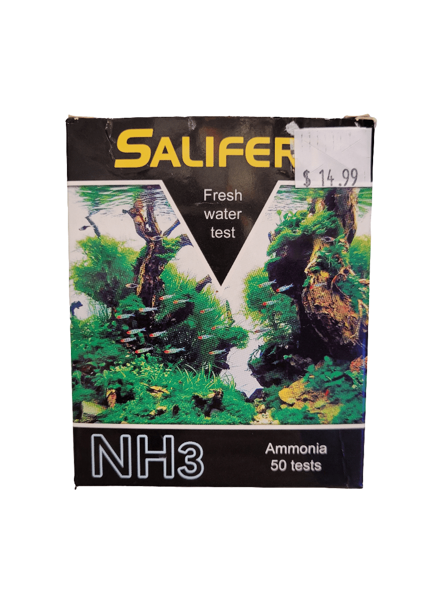 A package labeled Salifert - Freshwater Ammonia Test Kit - 50 Tests displays an image of an aquatic scene with green plants and driftwood. The box offers 50 ammonia tests and features a price tag of $14.99 in the upper right corner.