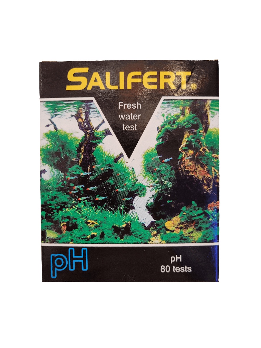 Salifert - Freshwater PH Test Kit - 80 Tests comes in a box showcasing an underwater scene rich with green plants and fish, accentuated by bold yellow and blue text.