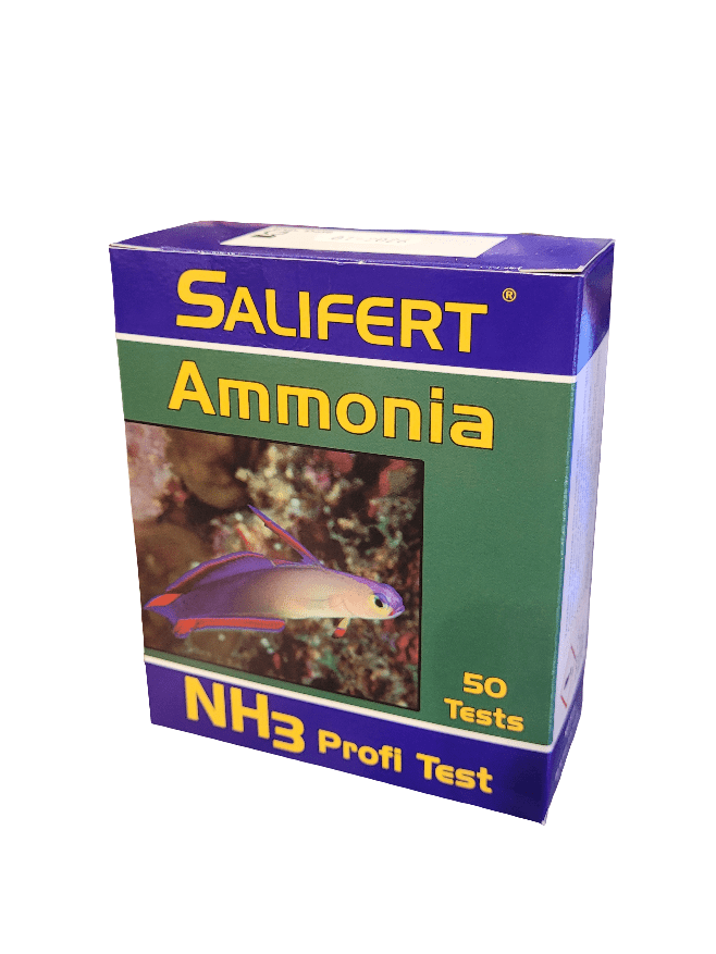 A Salifert - Marine Ammonia Test Kit featuring a fish image on a purple and green box, containing 50 tests.