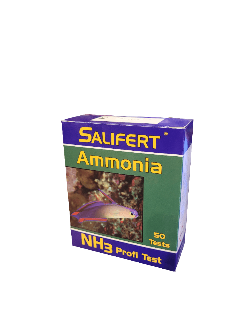 A Salifert - Marine Ammonia Test Kit featuring a fish image on a purple and green box, containing 50 tests.