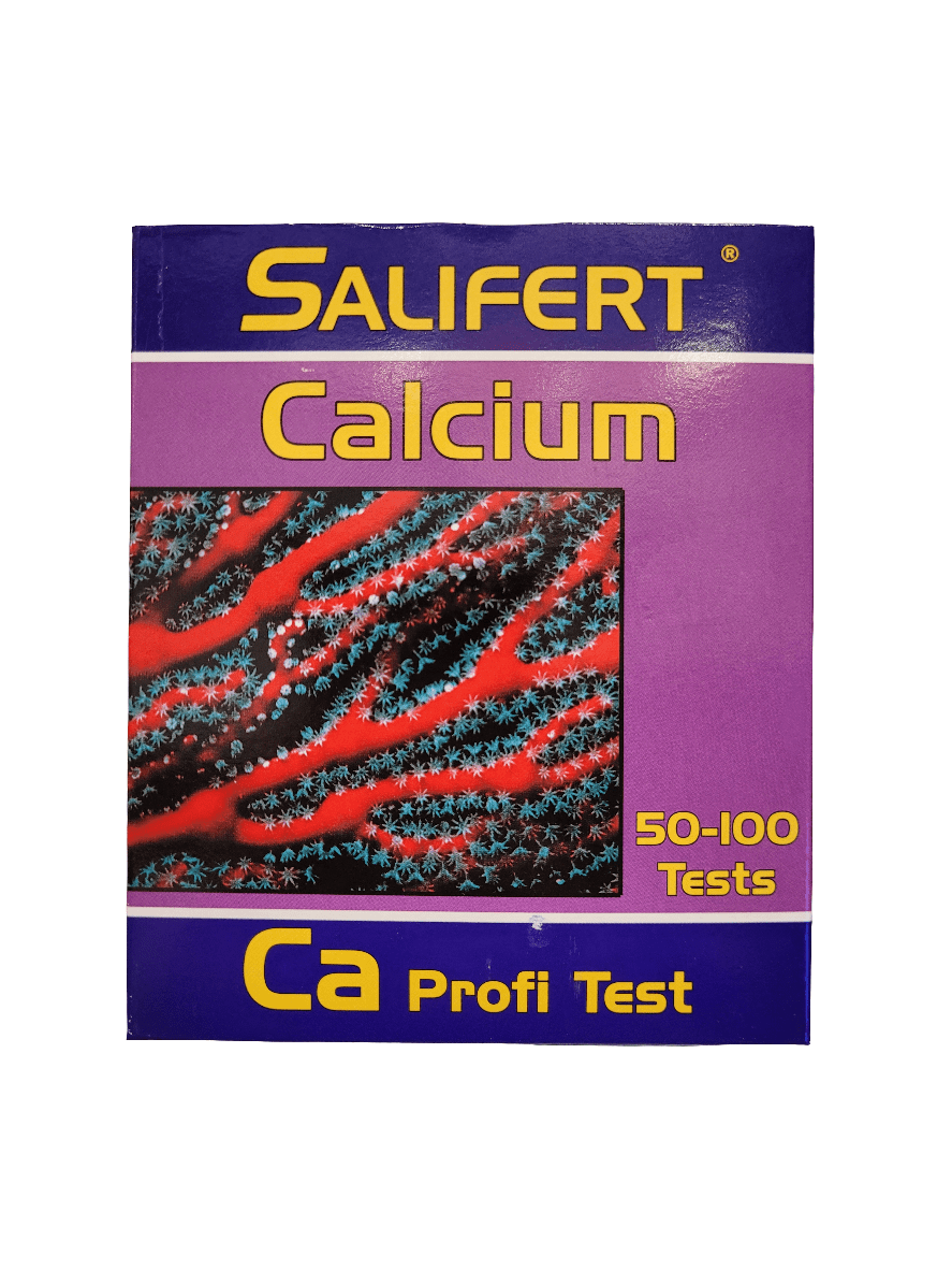 Image of a Salifert - Marine Calcium Test Kit packaging. The box is purple with "Salifert Calcium" in yellow letters, features a photo of coral, and includes "50-100 Tests" along with "Ca Profi Test" on it.