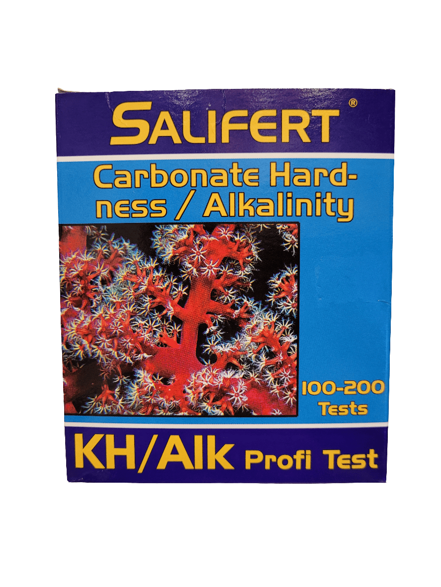 The image displays a box of the Salifert Marine Carbonate Hardness/Alkalinity Test Kit. The packaging is blue with a purple banner at the top and showcases a close-up image of coral. It is designed for testing carbonate hardness and alkalinity, providing 100-200 tests.