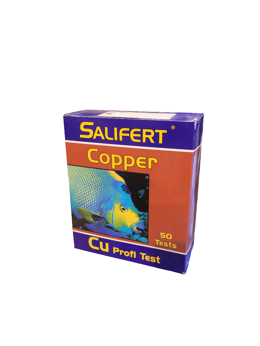 The image displays a box of the Salifert Marine Copper Test Kit, which prominently features a fish illustration on the front. The packaging is mainly purple with orange highlights and specifies that it includes 50 tests.