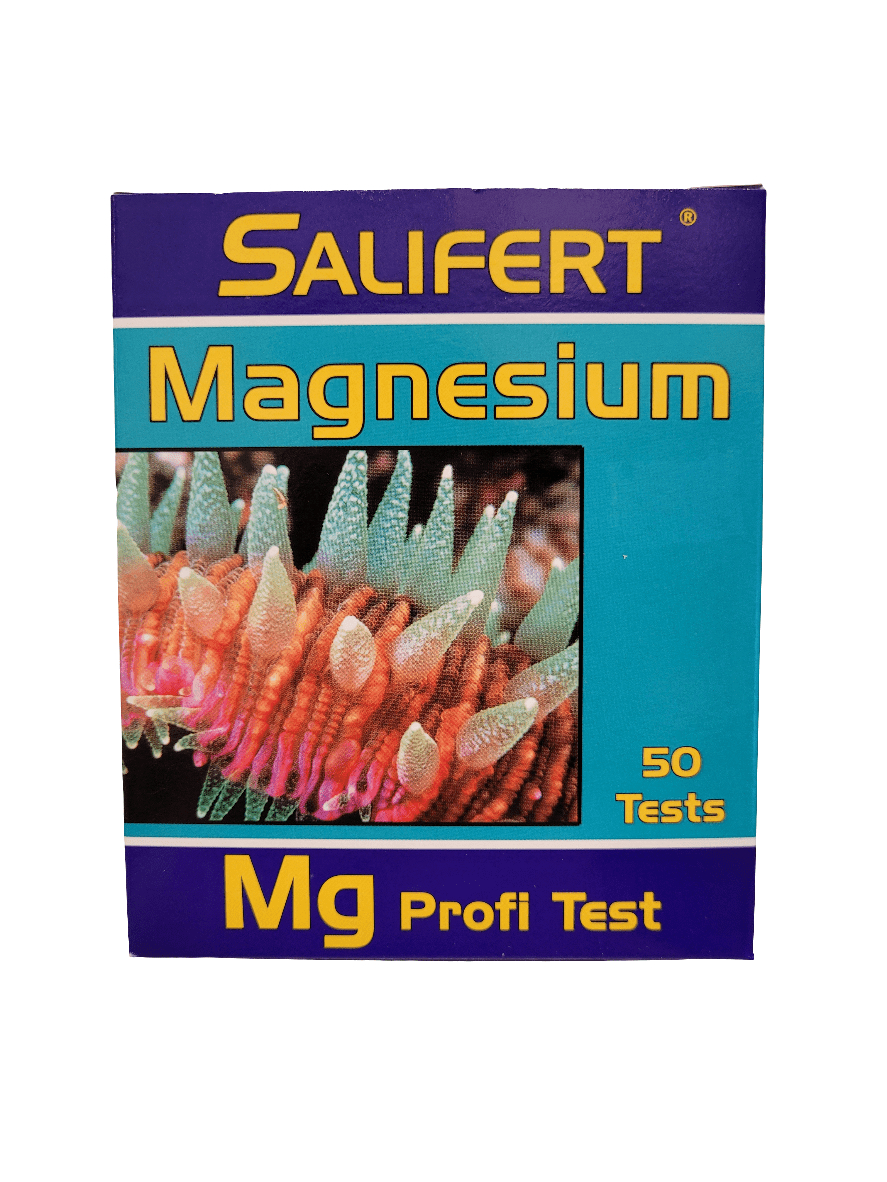 Box of Salifert - Marine Magnesium Test Kit - 50 Tests. The packaging, which is predominantly blue with yellow and white text, features an image of coral.