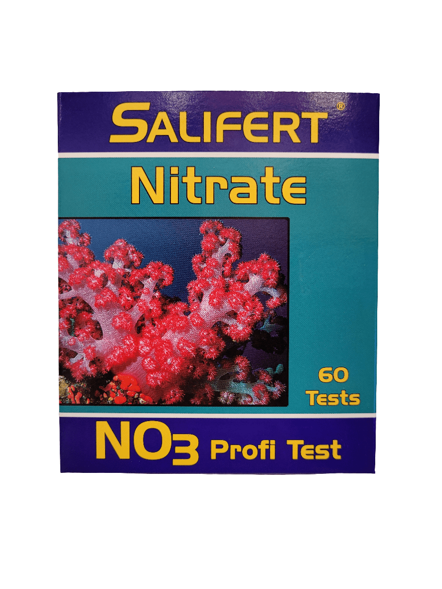 The image displays the packaging for a Salifert - Marine Nitrate Test Kit, which is designed for 60 tests. The box is adorned with a vibrant illustration of red coral set against a blue background.